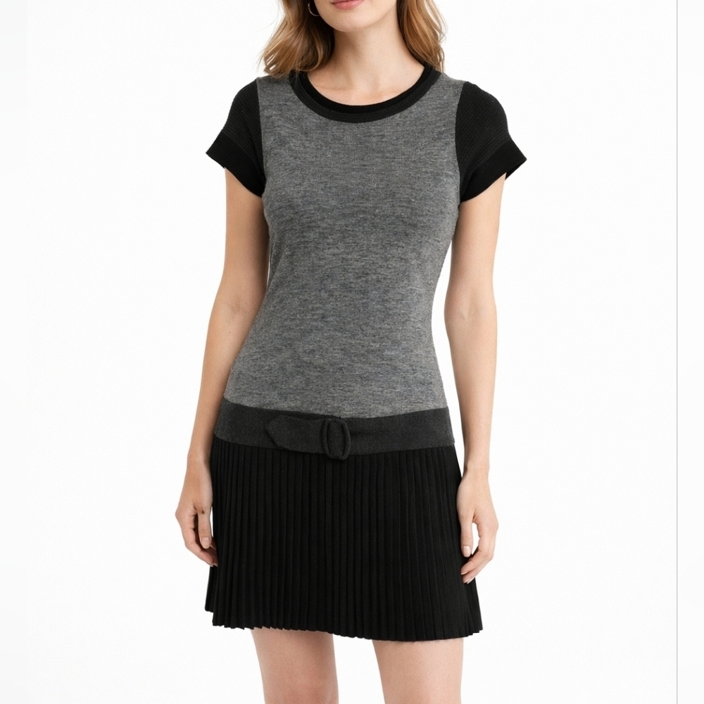 La Fee Maraboutee French Chic Gray Black Knit Pleated Mini Dress Size S